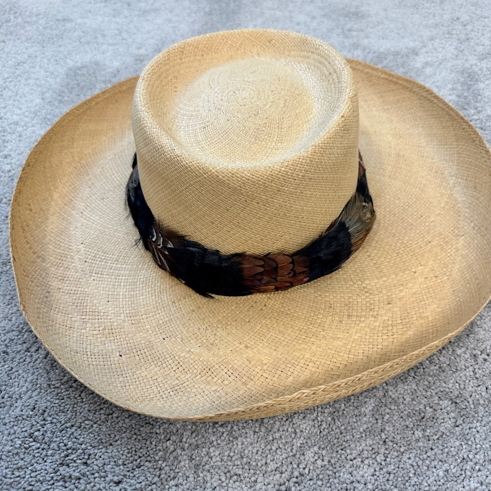Happy Cappers Straw Sun Hat Beige Feather Band vintage 1959